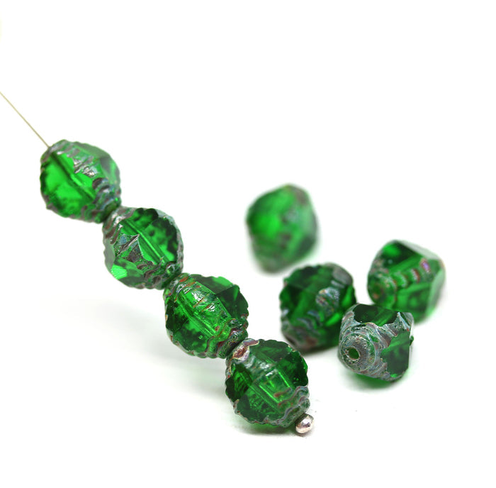 10x8mm Emerald green czech glass fire polished beads picasso ends, 8Pc