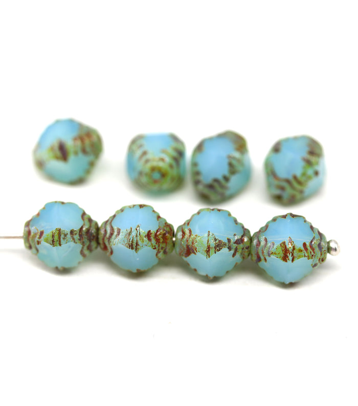 10x8mm Opal blue czech glass fire polished beads picasso ends, 8Pc