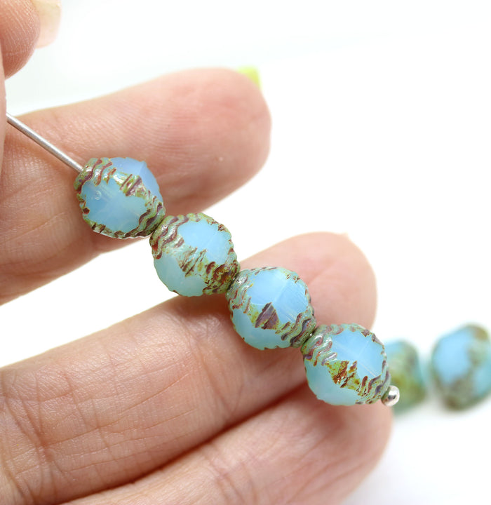 10x8mm Opal blue czech glass fire polished beads picasso ends, 8Pc