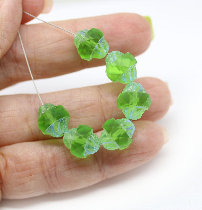 11x10mm Light green turbine beads, AB finish Czech glass fire polished 8pc