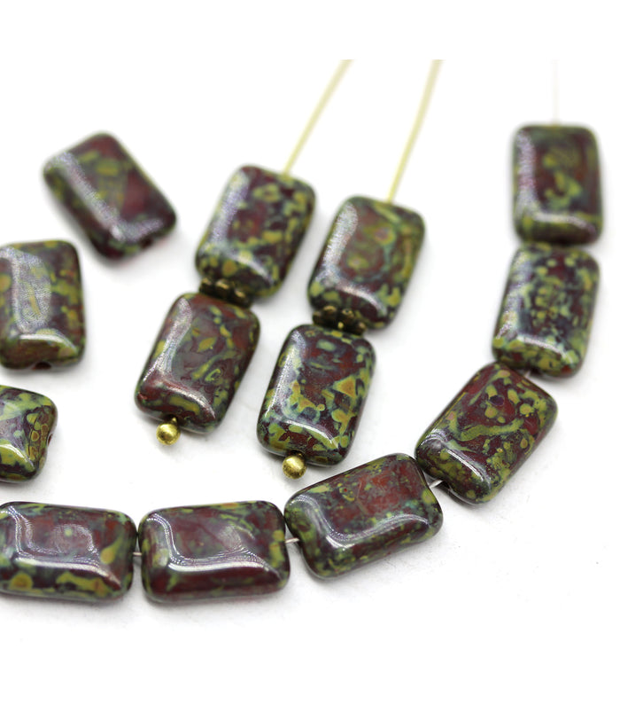 12x8mm Rectangle picasso dark red czech glass beads, 15pc