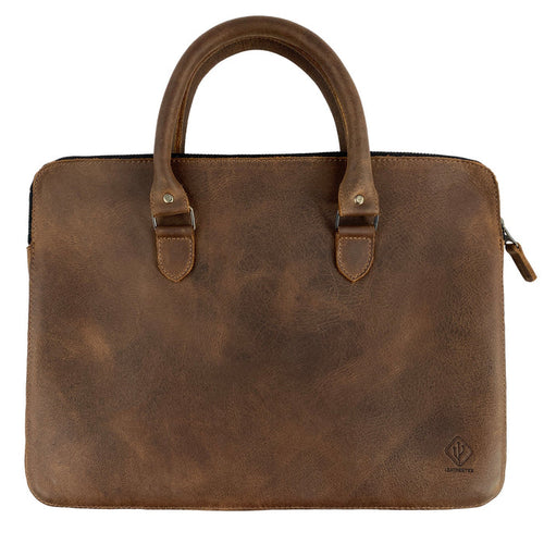 Front view of the LeatherTex 13" Laptop Portfolio Case showcasing its full grain leather design, perfect for MacBook Air/Pro 13 Inch with M1 Chip. This portfolio style case is handmade with care in La Antigua Guatemala and Oaxaca Mexico, emphasizing small batch production, artisan craftsmanship, and fire branding.