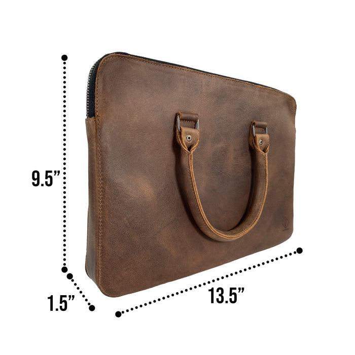 Dimensions of the LeatherTex 13" Laptop Portfolio Case displayed with measurements, highlighting its practicality and design. This portfolio style case is made from full grain leather, perfect for MacBook Air/Pro 13 Inch with M1 Chip, featuring artisan craftsmanship from LeatherTex in La Antigua Guatemala and Oaxaca Mexico.