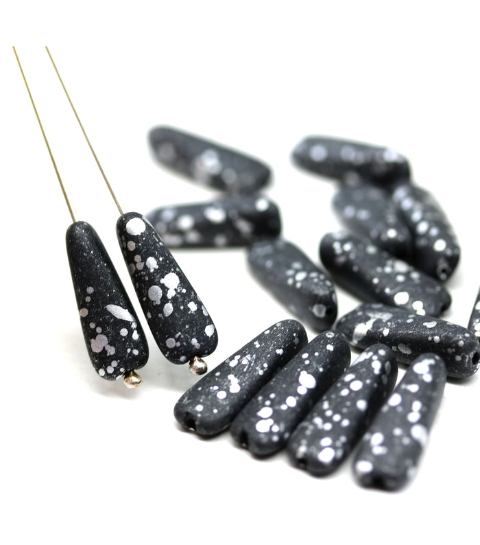 17x6mm Long black triangle beads silver flakes Czech glass, 15Pc