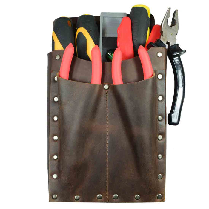 The 2-Pocket Tool Bag by Hide & Drink filled with various tools, showcasing its practical design and functionality. Made from thick full grain leather, this artisan-crafted organizing bag exemplifies hand cut and hand sewn techniques. Supporting small batch production, it is made by talented artisans in La Antigua Guatemala & Oaxaca Mexico, perfect as a multitool holder for work essentials.