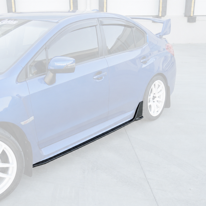 Real 3K carbon fiber side skirt extensions with rear winglets installed on a 2018 Subaru WRX STI VA