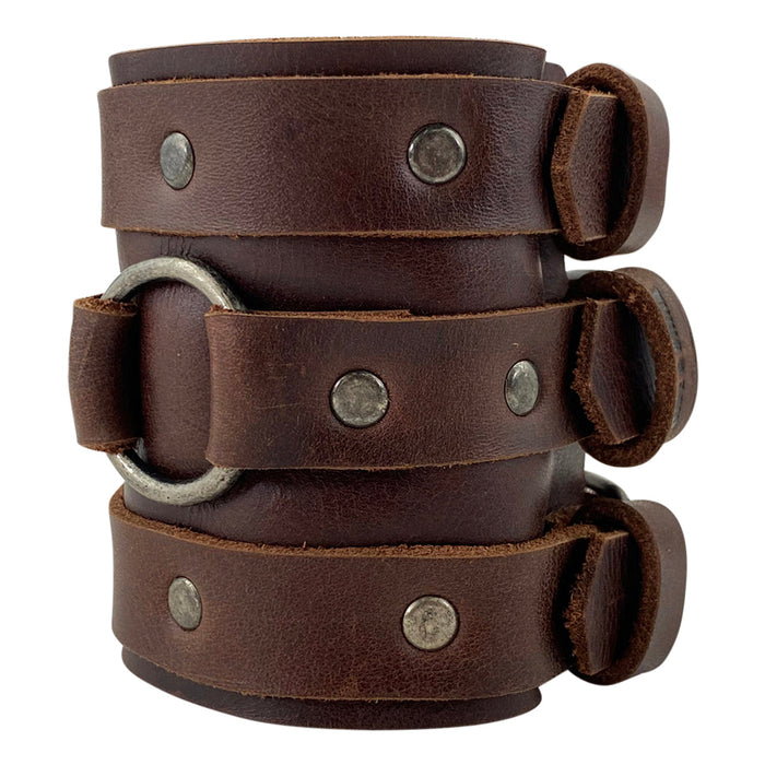 Detailed view of the 3 Buckle Bracelet by Hide & Drink, showing the quality craftsmanship and stylish design. This trendy men’s accessory is a handmade full grain leather wristband that’s both adjustable and durable.