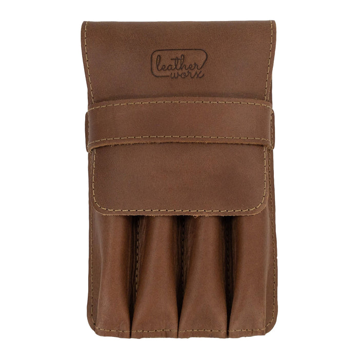 Back view of the Leather Worx 4-Pen Holder in light brown leather, illustrating its durable minimalist design and artistry. This classic storage solution highlights hand sewn craftsmanship, fire branding, and artisanal quality, made in La Antigua Guatemala.