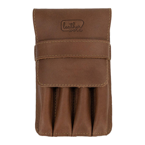 Back view of the Leather Worx 4-Pen Holder in light brown leather, illustrating its durable minimalist design and artistry. This classic storage solution highlights hand sewn craftsmanship, fire branding, and artisanal quality, made in La Antigua Guatemala.