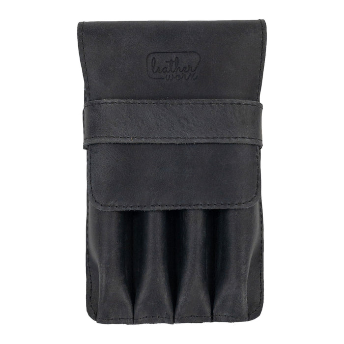 Front view of the Leather Worx 4-Pen Holder in sleek black full grain leather, merging style and function for pens and pencils. This minimalist style holder stands out with artisan craftsmanship, hand cut and sewn precision, and fire branding, made with love in La Antigua Guatemala.