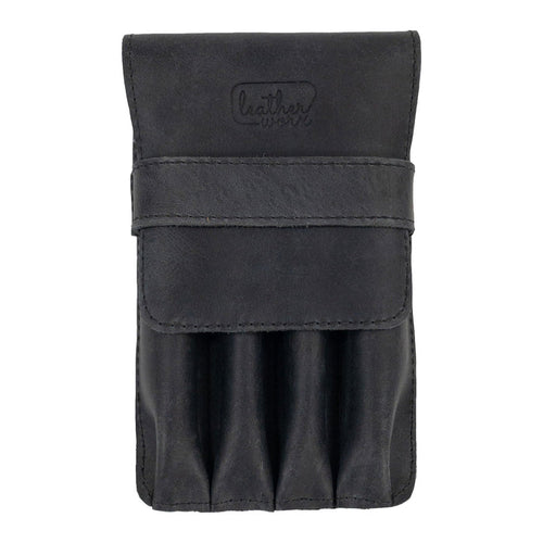 Front view of the Leather Worx 4-Pen Holder in sleek black full grain leather, merging style and function for pens and pencils. This minimalist style holder stands out with artisan craftsmanship, hand cut and sewn precision, and fire branding, made with love in La Antigua Guatemala.