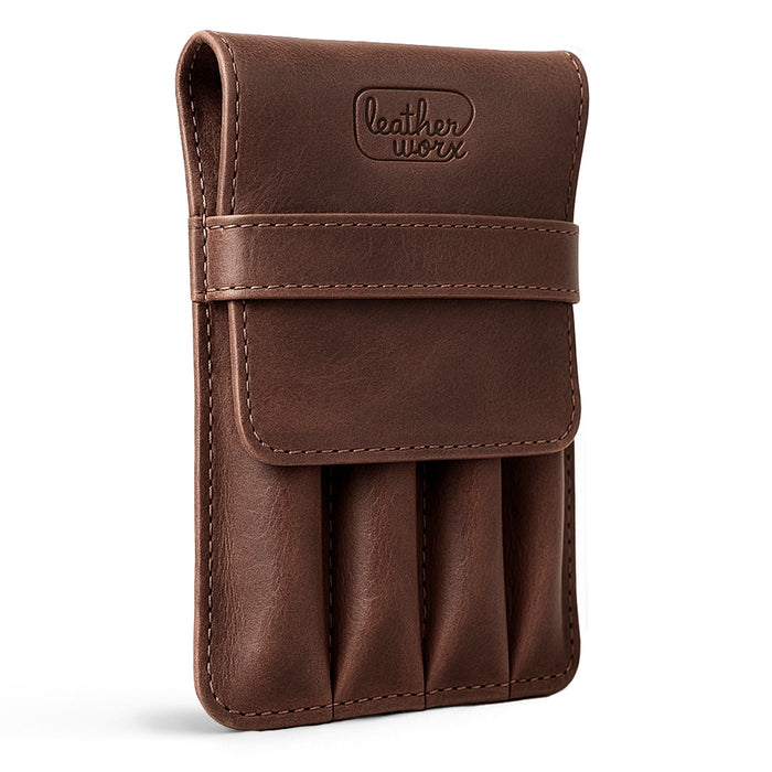 Leather Worx 4-Pen Holder showcased in rich brown full grain leather, offering a stylish and minimalist storage solution for pens or pencils. This classic storage piece exemplifies small batch production with hand cut and sewn artisan craftsmanship, featuring a fire branded logo and handmade quality from La Antigua Guatemala.