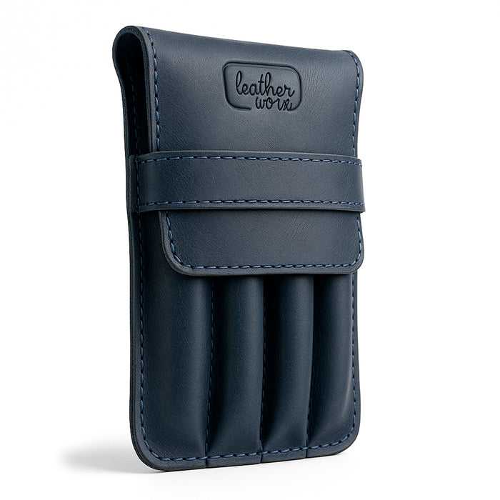 Front view of the Leather Worx 4-Pen Holder in navy blue full grain leather, offering a modern touch to a classic design for pens and pencils. This minimalist style holder highlights artisan craftsmanship with hand cut and sewn details, fire branding, and handmade quality from La Antigua Guatemala.