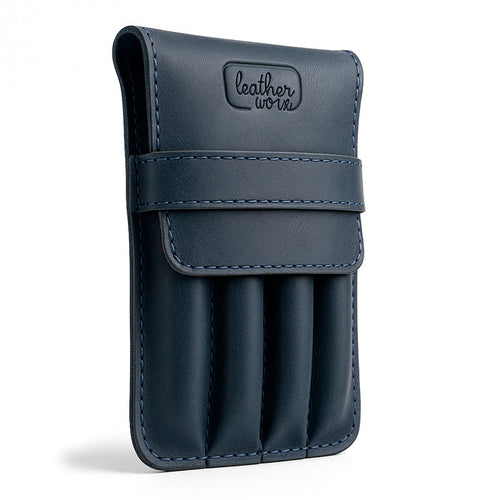 Front view of the Leather Worx 4-Pen Holder in navy blue full grain leather, offering a modern touch to a classic design for pens and pencils. This minimalist style holder highlights artisan craftsmanship with hand cut and sewn details, fire branding, and handmade quality from La Antigua Guatemala.
