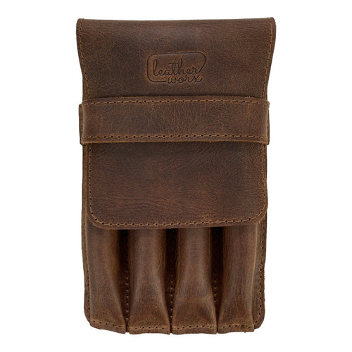 Side view of the Leather Worx 4-Pen Holder in warm brown full grain leather, showcasing its minimalist style and classic design. Ideal for any desk, this handmade pencil case highlights artisan techniques of small batch production, fire branding, and meticulous hand sewing from La Antigua Guatemala.