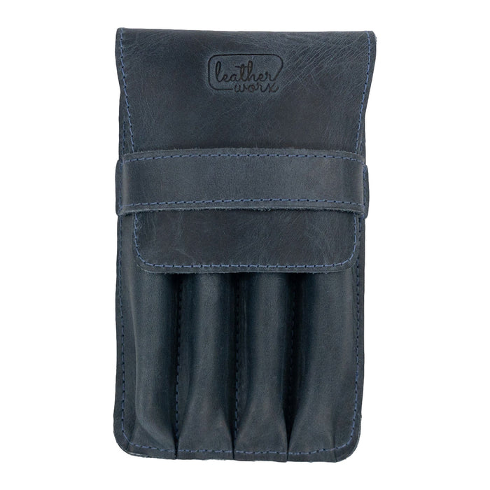 Back view of the Leather Worx 4-Pen Holder in navy leather, showing off its structured and thoughtful minimalist design. This elegant pencil case emphasizes artisan skills, fire branding, and small batch production, made with care in La Antigua Guatemala.