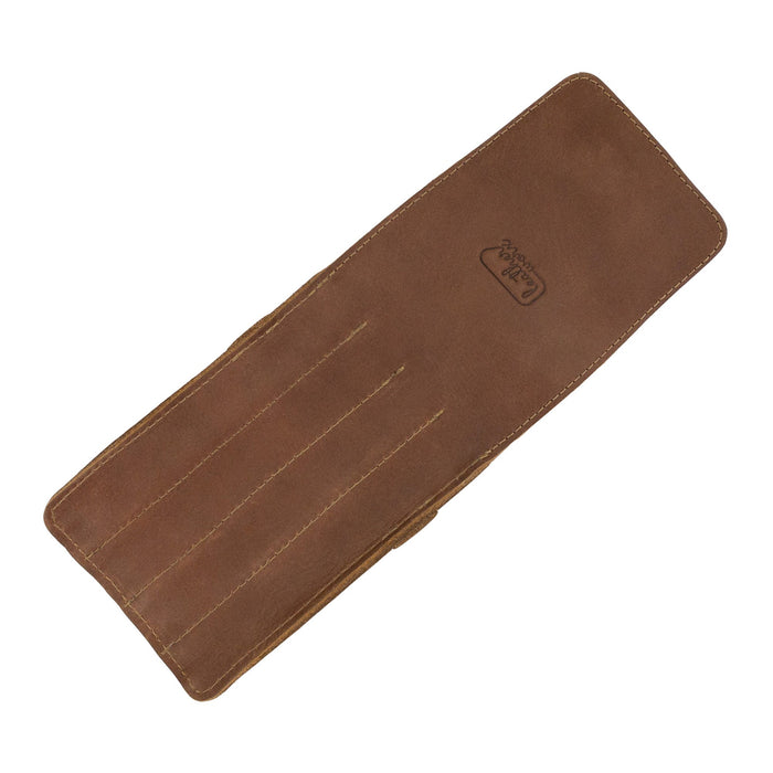 Side angle of the Leather Worx 4-Pen Holder in light brown leather, highlighting its stylish and functional minimalist appeal. Made with full grain leather, this handmade pencil case showcases artisan craftsmanship, hand sewing, and fire branding, proudly made in La Antigua Guatemala.
