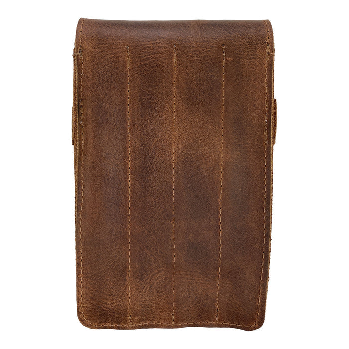 Back view of the Leather Worx 4-Pen Holder in dark brown full grain leather, illustrating its sturdy and minimalist structure. This artisan-crafted pencil case is made through small batch production, featuring hand cut and hand sewn details, fire branded emblem, and quality handmade in La Antigua Guatemala.