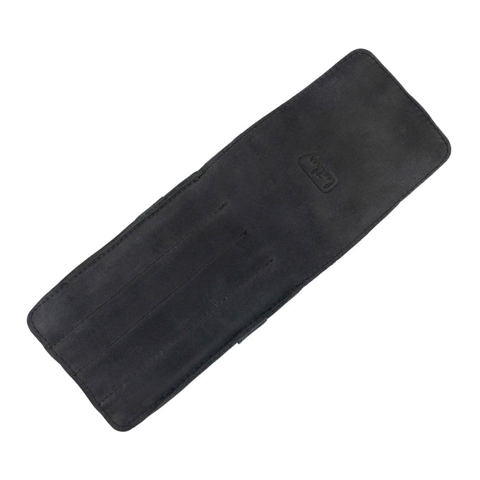 Open view of the Leather Worx 4-Pen Holder in black leather, providing a glimpse of its thoughtfully organized compartments for writing instruments. This artisan pencil case exemplifies handmade quality, featuring fire branding and classic storage design, crafted in La Antigua Guatemala.