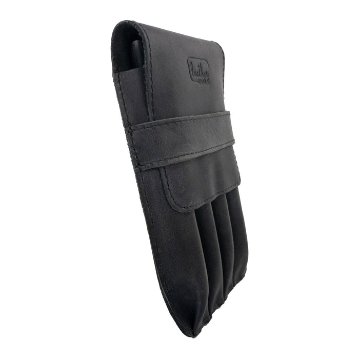Side angle of the Leather Worx 4-Pen Holder in black leather, demonstrating its elegant and functional minimalist design. Crafted with full grain leather, this handmade pencil case showcases artisan skills, small batch production, and durability from La Antigua Guatemala.