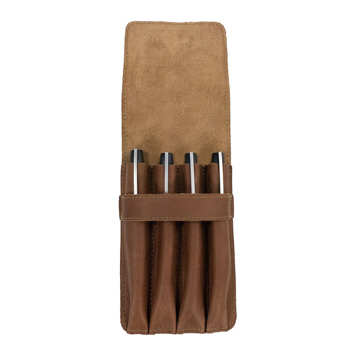 Dimensions of the Leather Worx 4-Pen Holder in light brown displayed, accentuating its sleek and practical design. This elegant pencil case emphasizes artisan quality and small batch production, highlighting hand cut and sewn details made in La Antigua Guatemala.