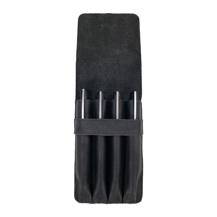 Inside view of the Leather Worx 4-Pen Holder in black leather, revealing its soft lining and perfect fit for four pens or pencils. This classic storage solution embodies artisanal craftsmanship with hand sewn details and fire branding, made with care in La Antigua Guatemala.