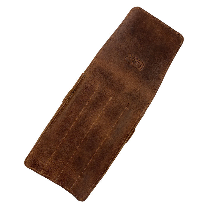 Inside view of the Leather Worx 4-Pen Holder, presenting the soft suede interior in brown full grain leather, designed to securely hold writing instruments. A true testament to artisan craftsmanship, this pencil case reflects small batch production and hand sewn details, crafted in La Antigua Guatemala.