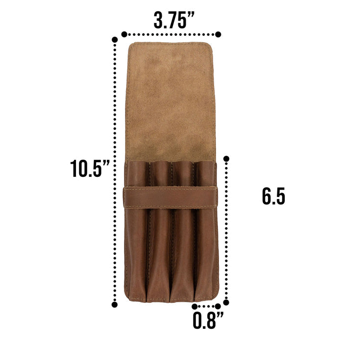 Leather Worx 4-Pen Holder in brown leather displayed against a neutral background, showcasing its minimalist design and artisanal quality. This classic storage piece combines small batch production and craftsmanship with fire branding, showcasing handmade excellence from La Antigua Guatemala.