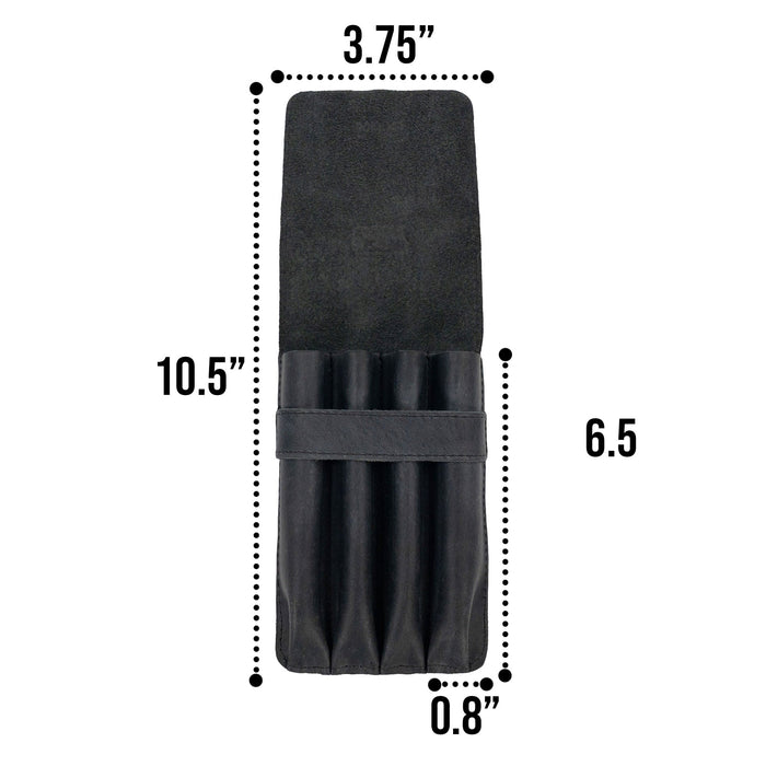 Dimensions of the Leather Worx 4-Pen Holder in black leather displayed to highlight its sleek and minimalist profile. This elegant pencil case represents artisan quality, small batch production, and features hand cut construction made in La Antigua Guatemala.