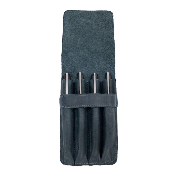 Dimensions of the Leather Worx 4-Pen Holder in navy displayed, emphasizing its functional and stylish minimalist profile. This piece showcases artisan quality, small batch production, and hand sewn craftsmanship, proudly made in La Antigua Guatemala.