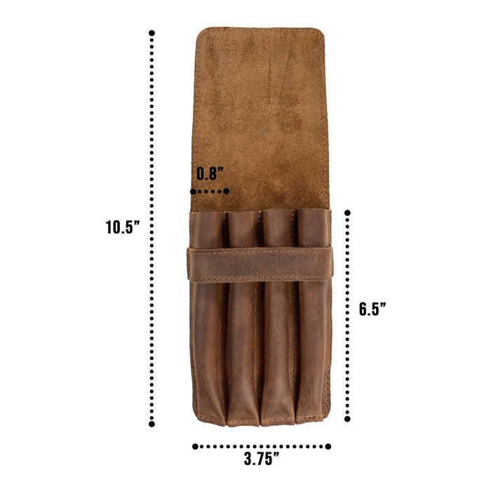 Dimensions of the Leather Worx 4-Pen Holder displayed on a neutral background, emphasizing its compact and stylish minimalist design. This full grain leather pencil case represents artisan craftsmanship through small batch production and meticulous hand sewing, all made in La Antigua Guatemala.