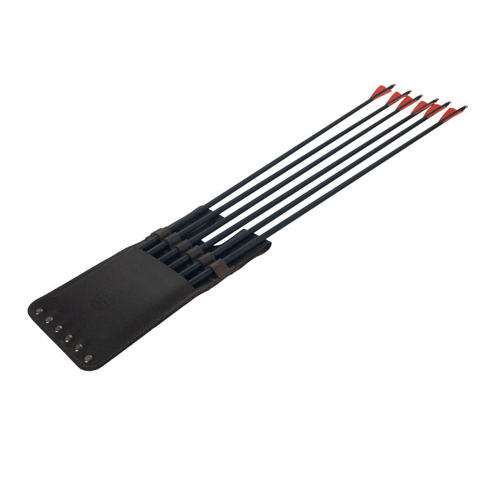 The 6 Arrow Back Quiver for Pocket by Valhalla Gear displaying five arrows, made from Full Grain Leather. This handmade accessory combines artisan craftsmanship with small batch production, showcasing the attention to detail in its hand cut and hand sewn design, perfect for the serious archer.