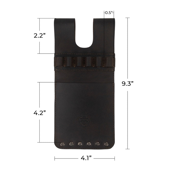 Dimensions of the 6 Arrow Back Quiver for Pocket by Valhalla Gear, crafted from Full Grain Leather. This informative image highlights the handcrafted nature of this artisan quiver, featuring small batch production methods and a fire branded logo, underscoring the quality of hand cut and hand sewn craftsmanship.