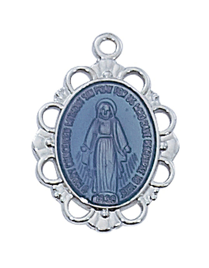 .7" Blue Enameled Sterling Silver Miraculous Medal Necklace 16-18" Chain