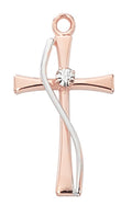 .75" Polished Rose Gold Small Cross With Crystal Necklace 18" Chain