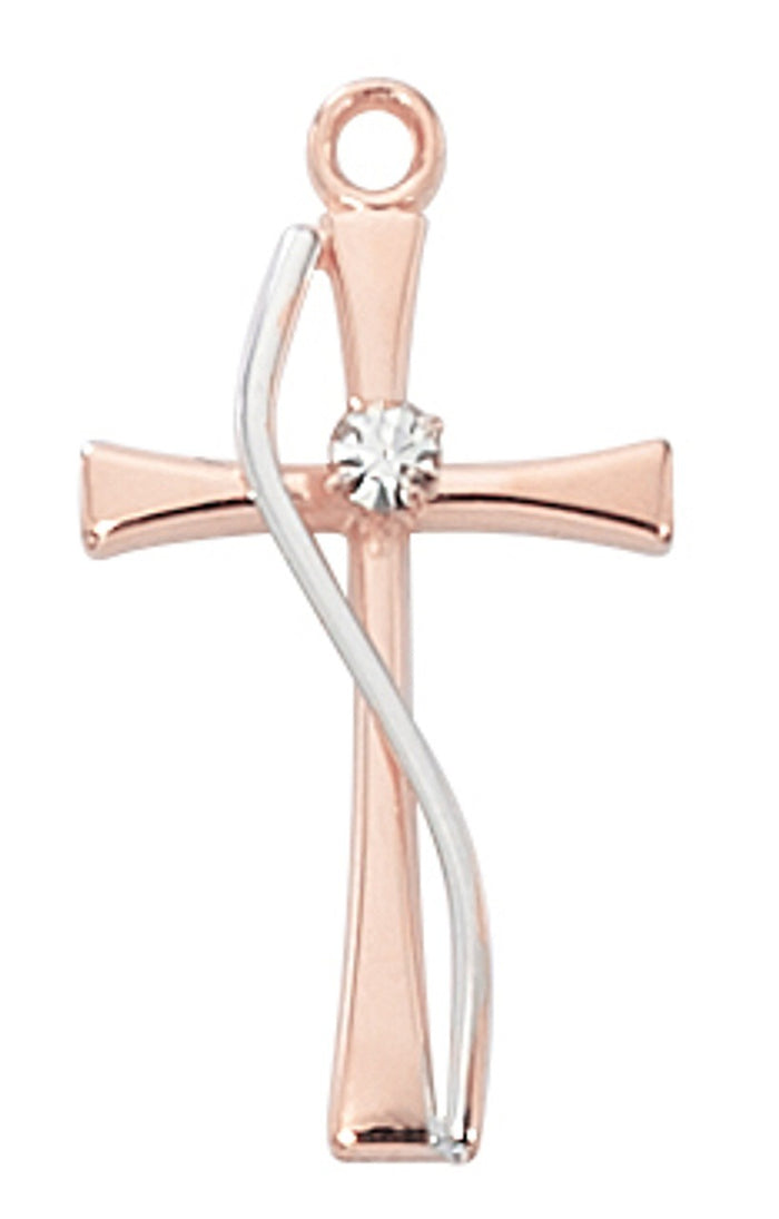 .75" Polished Rose Gold Small Cross With Crystal Necklace 18" Chain