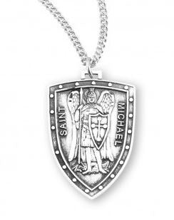 .9" St Michael The Archangel SS Shield Pendant Necklace 18" Chain