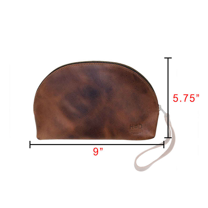 Showing dimensions of the Accessory Pouch Organizer Hand Bag by Hide & Drink, crafted from beautiful full grain leather. This Cosmetic Travel Organizer with Hand Strap for Women is perfect as a Makeup Bag or Classic Handbag, representing artisanal small batch production from La Antigua Guatemala & Oaxaca Mexico.