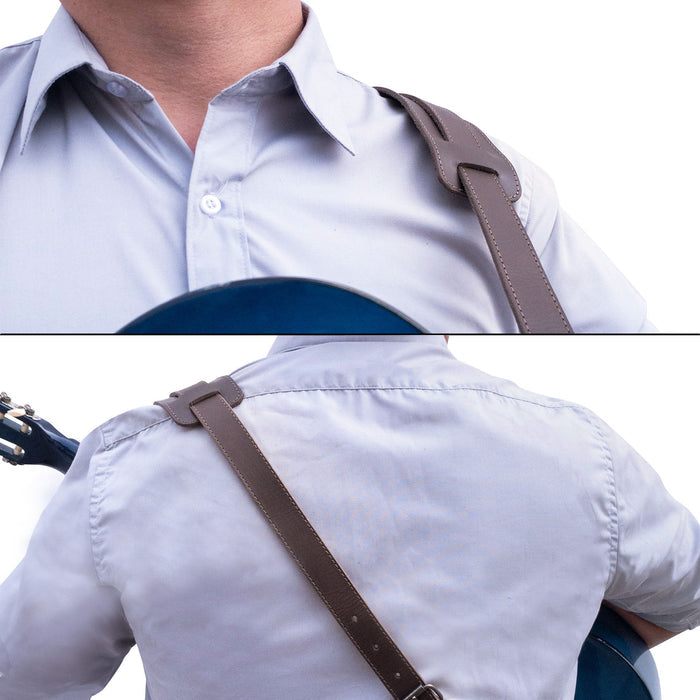 Illustration of a musician wearing the tocame Adjustable Guitar Strap, showing its ergonomic design and full grain leather material. A perfect strap for musicians, this piece is handmade with skill in La Antigua Guatemala.