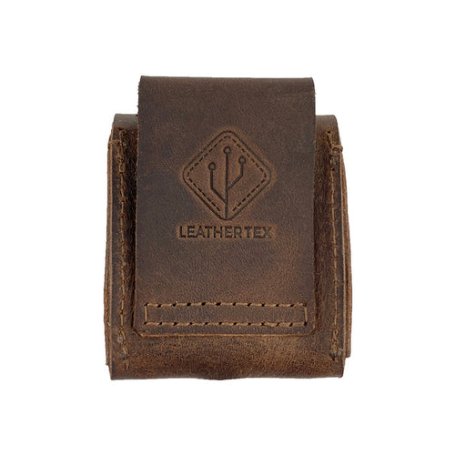Back view of the LeatherTex AirPods Case showcasing the embossed design, ideal as a rustic AirPods charging cover. This small batch production, full grain leather case is crafted by artisans in La Antigua Guatemala, ensuring a unique and protective Bluetooth accessory.