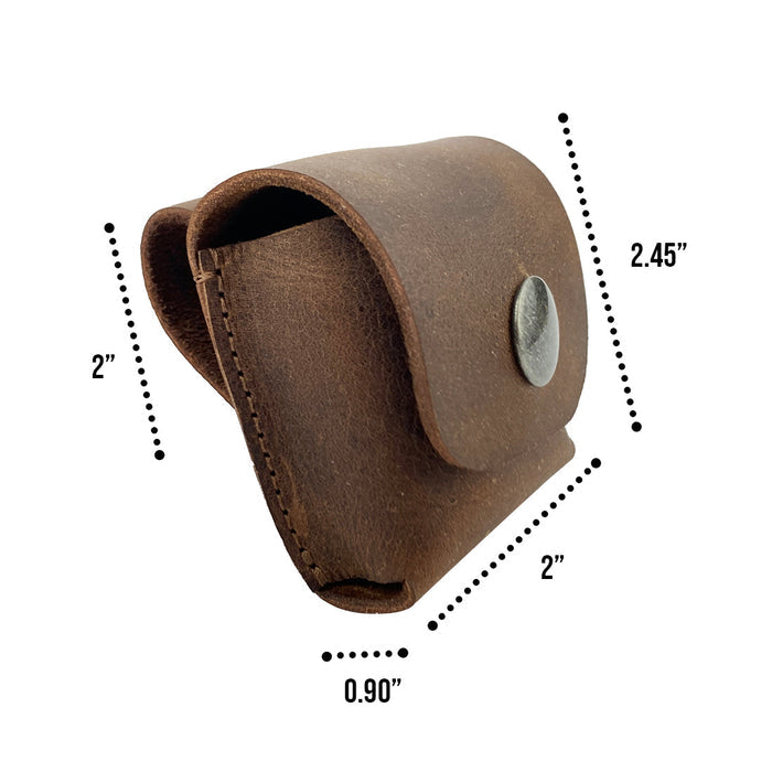 LeatherTex AirPods Case alongside a product card, emphasizing the handmade quality of this rustic AirPods charging cover. Crafted from full grain leather in La Antigua Guatemala, this protective portable carrying pouch represents small batch production and artisan craftsmanship.