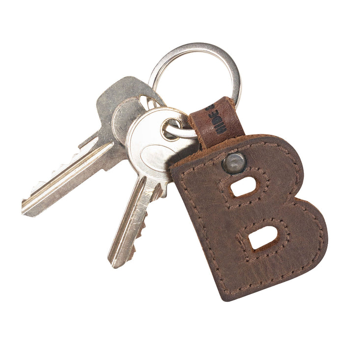Stylish 'B' Alphabet Letter Keychain by Hide & Drink attached to keys, made from thick leather. A perfect blend of style and durability, handcrafted in La Antigua Guatemala.