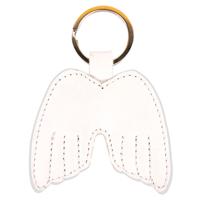 Back view of the Angel Wings Keychain by Hide & Drink, highlighting its Full Grain Leather craftsmanship. This stylish key ring holder epitomizes peace and meticulous small batch production. Handmade in La Antigua Guatemala & Oaxaca Mexico, the product is hand-cut, hand-sewn, and fire branded, reflecting the dedication of skilled artisans.