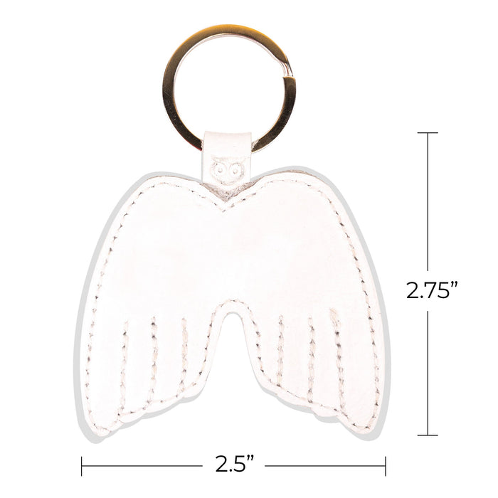 Detailed dimensions of the Angel Wings Keychain by Hide & Drink, showcasing its Full Grain Leather structure. This key ring holder, symbolizing peace, highlights the meticulous nature of small batch production. Handmade in La Antigua Guatemala & Oaxaca Mexico, it features hand-cut, hand-sewn details, and is fire branded, showcasing exceptional artisan craftsmanship.