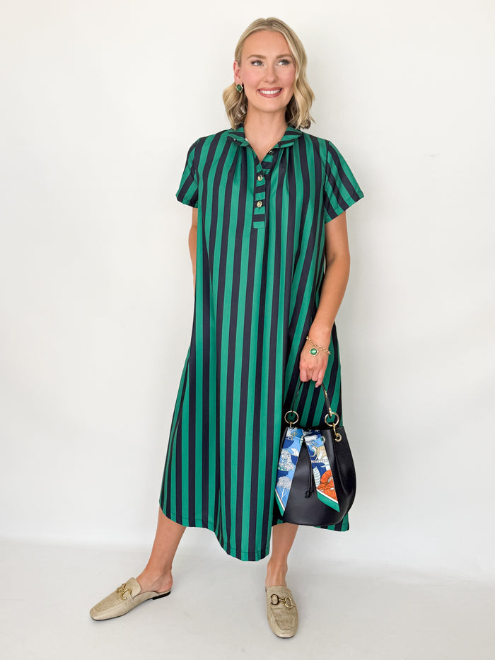 Angela - Navy + Green Striped Midi Dress