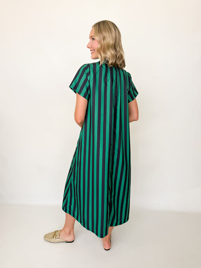 Angela - Navy + Green Striped Midi Dress
