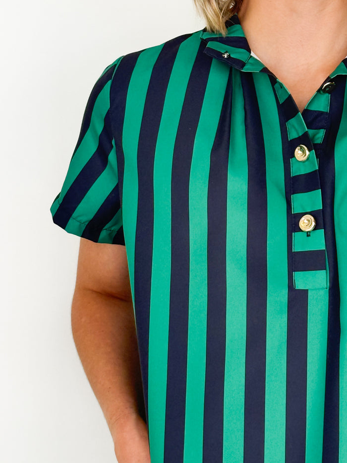Angela - Navy + Green Striped Midi Dress