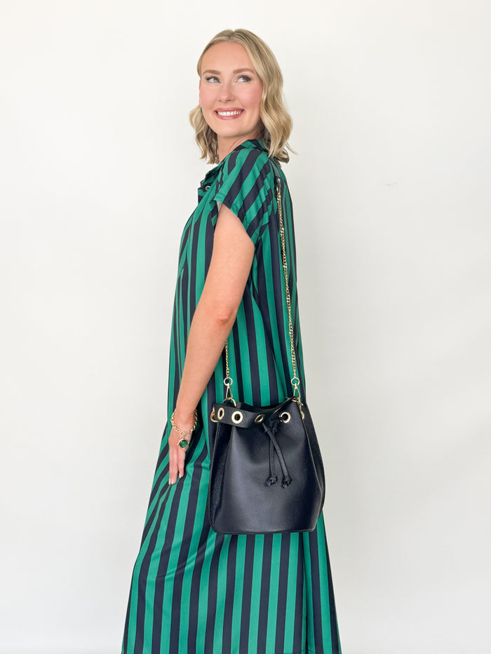 Angela - Navy + Green Striped Midi Dress