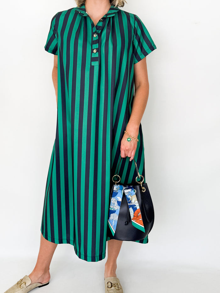 Angela - Navy + Green Striped Midi Dress