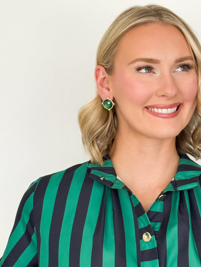 Angela - Navy + Green Striped Midi Dress